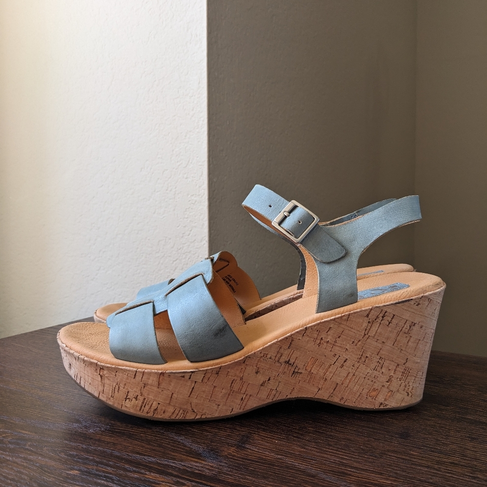 Korks By Kork-Ease Blue Leather Ankle Strap Wedge Sandals Heels